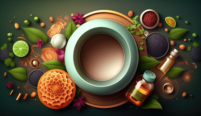 Herbal cosmetic products, herbs and flowers on serene spa background.