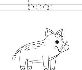 Trace the letters and color cartoon boar. Handwriting practice for kids.