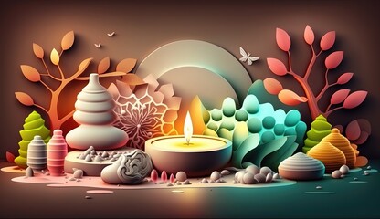 Obraz na płótnie Canvas A serene spa background featuring candles, stones, and plants. Soft lighting and soothing scents create a relaxing atmosphere for unwinding and rejuvenation. Generative Ai.