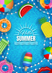 Hello Summer background with colorful inflatables on pool water. Summer poster with floating swimming rings, pool rafts and beach balls