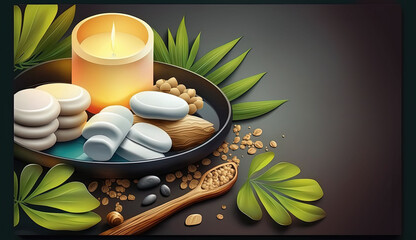 Spa background illustration. Polished stones, fresh leaves, and flickering candles create a soothing and serene atmosphere. Generative Ai.