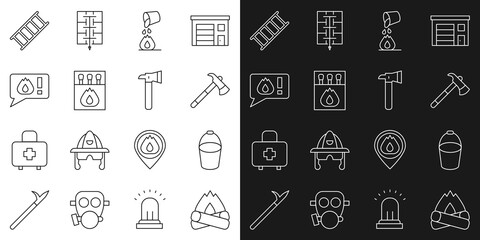 Set line Campfire, Fire bucket, Firefighter axe, Bucket extinguishing, Matchbox and matches, Telephone call 911, escape and icon. Vector