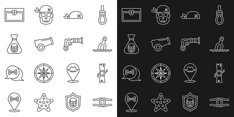 Set line Rope tied in a knot, Decree, parchment, scroll, Bottle with message water, Pirate bandana for head, Cannon, coin, Antique treasure chest and Vintage pistols icon. Vector