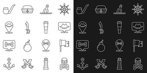 Set line Skull on crossbones, Pirate flag, Location pirate, Bottle with message in water, sword, Smoking pipe and Spyglass telescope lens icon. Vector