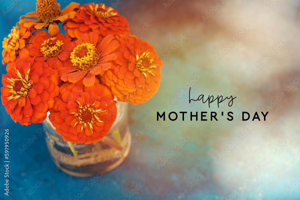 Poster Orange zinnia flowers with dreamy bokeh background by happy mothers day greeting text for holiday design. - Posters