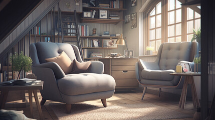 A comfortable and stylish armchair, perfect for reading or watching television. Has a soft cushion and comes in a soft color combination. Sunlight enters the room through the window.