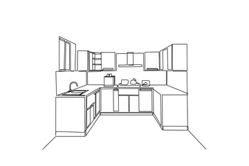 Single one line drawing Modern kitchen interior. Kitchen room concept. Continuous line draw design graphic vector illustration.