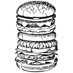 burger vector illustration line art drawing black and white hamburger