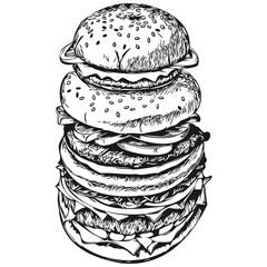 burger vector illustration line art drawing black and white hamburger