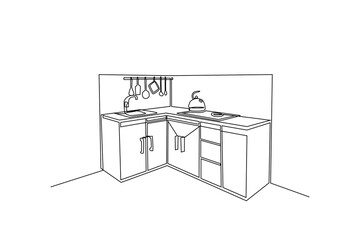 Single one line drawing Modern kitchen interior. Kitchen room concept. Continuous line draw design graphic vector illustration.