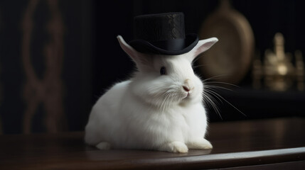 White small fluffy rabbit wearing a black hat sitting on a black table. Generative AI.