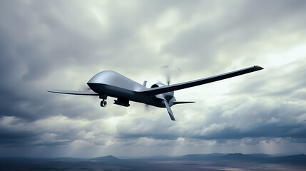 Fototapeta na wymiar Unmanned military aerial vehicle flies in the sky. AI generated