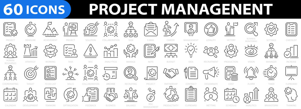 Project management 60 icon set. Deadline, media, teamwork, business, planning, strategy, marketing, strategy, planning. Vector illustration.