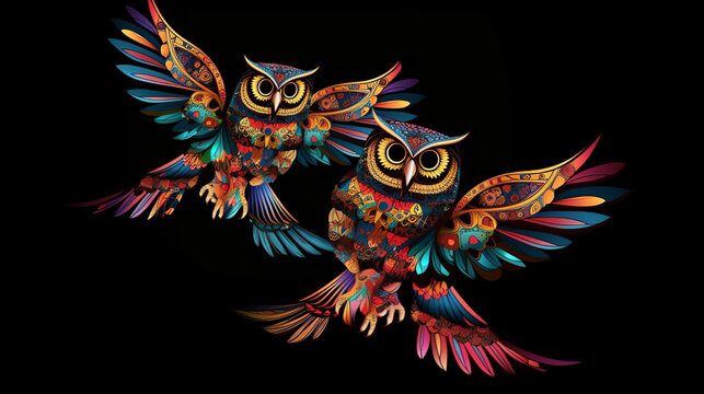 Isolated Colorful Two Flying Owls On Black Background, Generative Ai