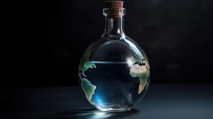 Glass bottle filled with the earth planet as a symbol for global problems and climate change. Generative AI.