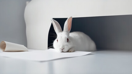 Single white fluffy rabbit sitting in a white table. Generative AI.