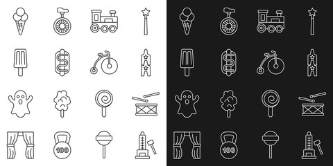 Set line Striker attraction with hammer, Drum drum sticks, Circus ticket, Toy train, Hotdog sandwich, Ice cream, waffle cone and Vintage bicycle icon. Vector