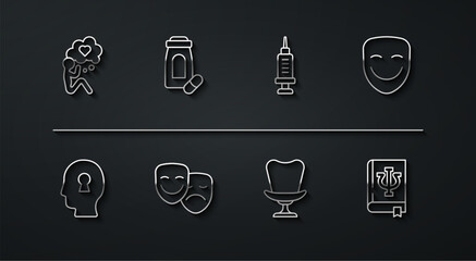 Set line Head with heart, Solution to the problem, Comedy theatrical mask, Armchair, and tragedy masks, Sedative pills, Psychology book, Psi and Addiction drug icon. Vector