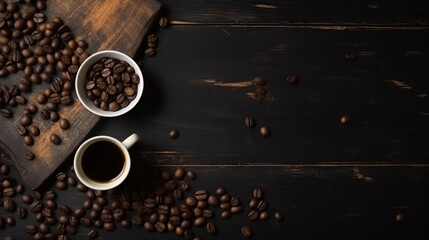 Coffee board with coffee beans on dark textured background. Generative Ai