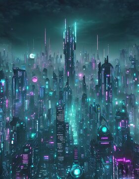 A digital art a futuristic cityscape with a neon skyline, featuring flying cars and robots generated with AI technology © bearwolf