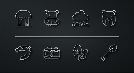 Set line African hut, Snake, Bear head, Tropical leaves, Photo camera, Hippo or Hippopotamus, Shovel and Cloud with rain icon. Vector