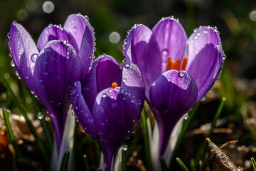 Close-up of a cluster of dew-covered, purple crocus flowers emerging from the ground, their petals adorned with delicate water droplets that sparkle in the morning sunlight.