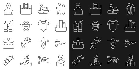 Set line Wetsuit for scuba diving, Fishing harpoon, Winner podium, Jet ski, Boat with oars, Aqualung, Swimmer and Swimsuit icon. Vector