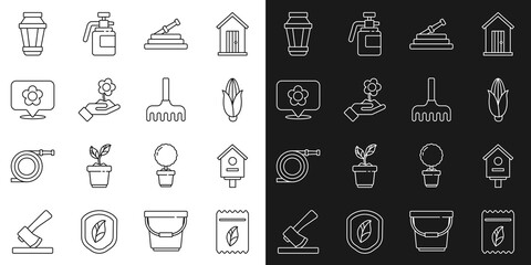 Set line Pack full of seeds of plant, Bird house, Corn, Garden hose fire hose, Hand holding flower, Location with, light lamp and rake icon. Vector