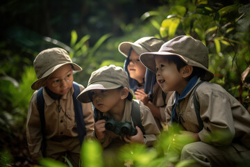 Group of Asian children in scout uniform exploring the jungle in the forest. Generative AI - obrazy, fototapety, plakaty