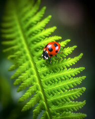 Obraz premium Close-up of a ladybug crawling along the edge of a bright green, curled fern frond, the vivid red and black insect contrasting against the lush spring foliage.