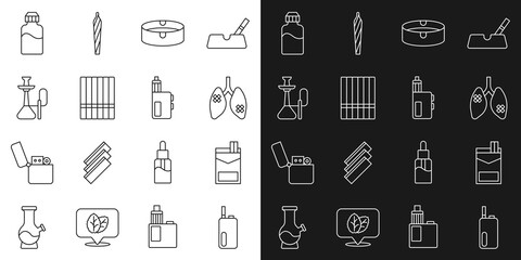 Set line Electronic cigarette, Cigarettes pack box, Disease lungs, Ashtray, Hookah, Vape liquid bottle and mod device icon. Vector