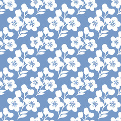Fototapeta na wymiar Simple floral seamless pattern. White flowers on blue background. Print for textiles and wallpaper.