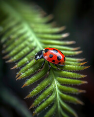 Close-up of a ladybug crawling along the edge of a bright green, curled fern frond, the vivid red...