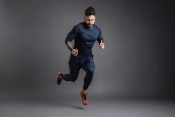 Fototapeta na wymiar Athletic young man running on grey background. Run concept. Generative AI