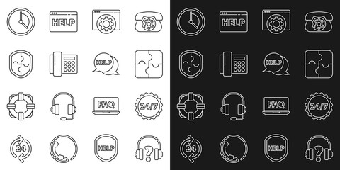 Set line Headphones, Clock 24 hours, Piece of puzzle, Browser setting, Telephone, Shield, Time Management and Speech bubble with text Help icon. Vector