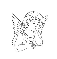 Vector isolated one single sitting sleeping curly boy angel cupid pose closed eyes colorless black and white contour line easy drawing	