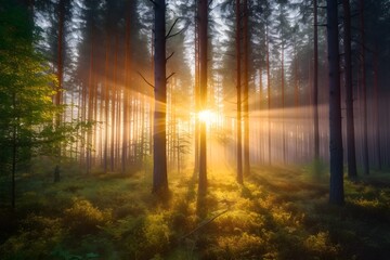 A forest with the sun's rays shining through the trees at sunrise. Generative AI.