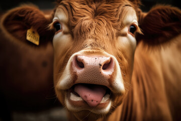 A smiling cow's head fills the frame, with its big eyes, round nostrils, and grinning mouth. The light highlights the cow's soft brown fur and creates shadows around its features. Generative ai.
