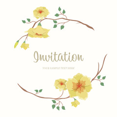 Yellow flowers with wreath branches floral wallpaper template bouquet background. Tropical botanical flower can be used for printing, greeting or wedding anniversary. Vector invitation card concept.