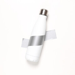Thermos bottle fixed with adhesive tape on white background. Conceptual pop, contemporary art