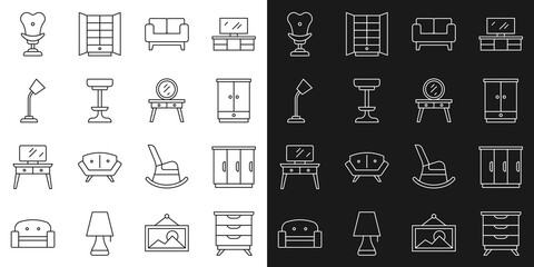 Set line Furniture nightstand, Wardrobe, Sofa, Chair, Table lamp, Armchair and Dressing table icon. Vector