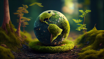 Globe On Moss In Forest Environmental Earth day concept. Ai generated image - obrazy, fototapety, plakaty