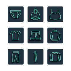 Set line Pants, Umbrella, Sweater, Female crop top, Short or pants, T-shirt, Men underpants and icon. Vector