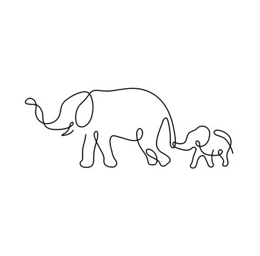 Vector isolated two walking elephants mother and baby elephant side view one single line colorless black and white contour line easy drawing
