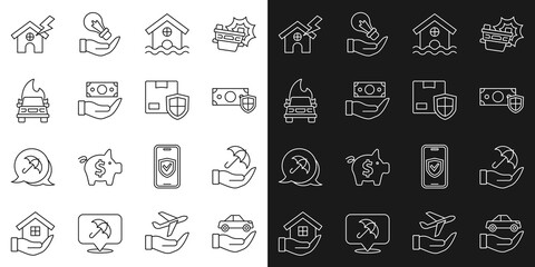 Set line Car insurance, Umbrella hand, Money with shield, House flood, Burning car, lightning and Delivery security icon. Vector
