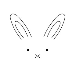Vector isolated one single simplest rabbit hare bunny muzzle face portrait with ears eyes nose colorless black and white contour line easy drawing