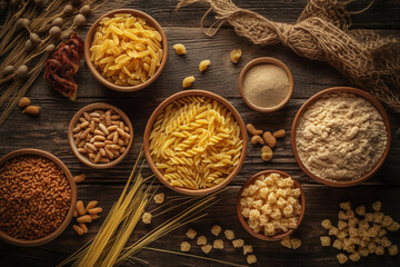 different varieties of pasta and cereals lie in plates on a wooden surface, top view, texture background. natural healthy food, vegan diet. Natural healthy food, vegan diet. Generative AI