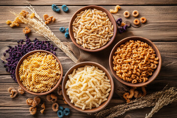 different varieties of pasta and cereals lie in plates on a wooden surface, top view, texture background. natural healthy food, vegan diet. Natural healthy food, vegan diet. Generative AI