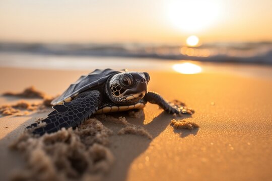 Baby Sea Turtle on a Beach in Sunset