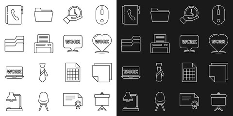 Set line Chalkboard with diagram, Post note stickers, Heart text work, Clock, Printer, Document folder, Address book and Location icon. Vector